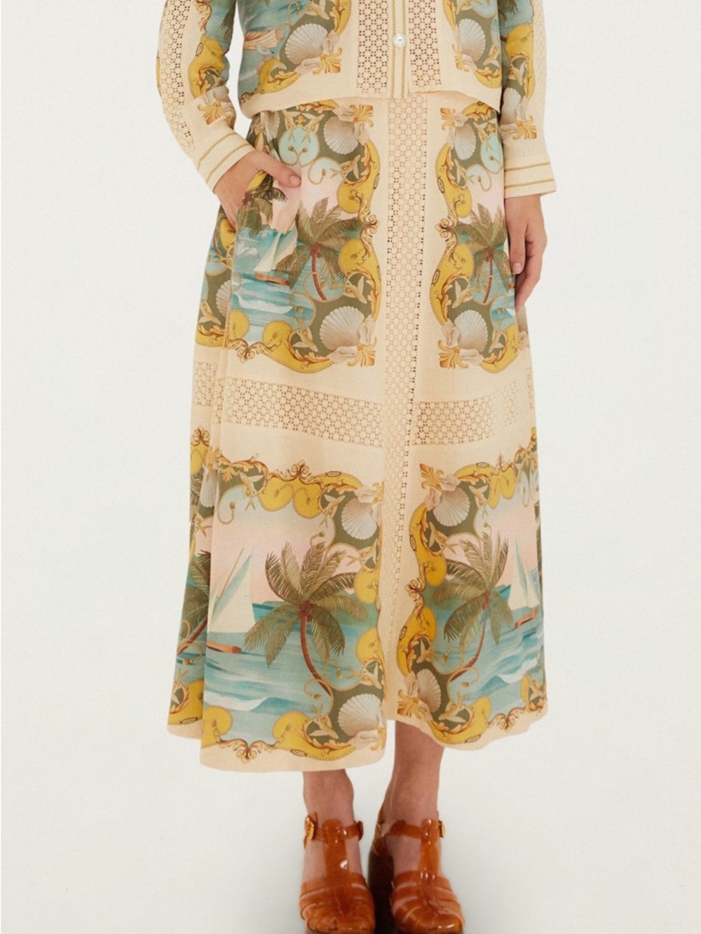 FARM Rio Royal Sea Crochet Trim Midi Skirt - Picture 2 of 15